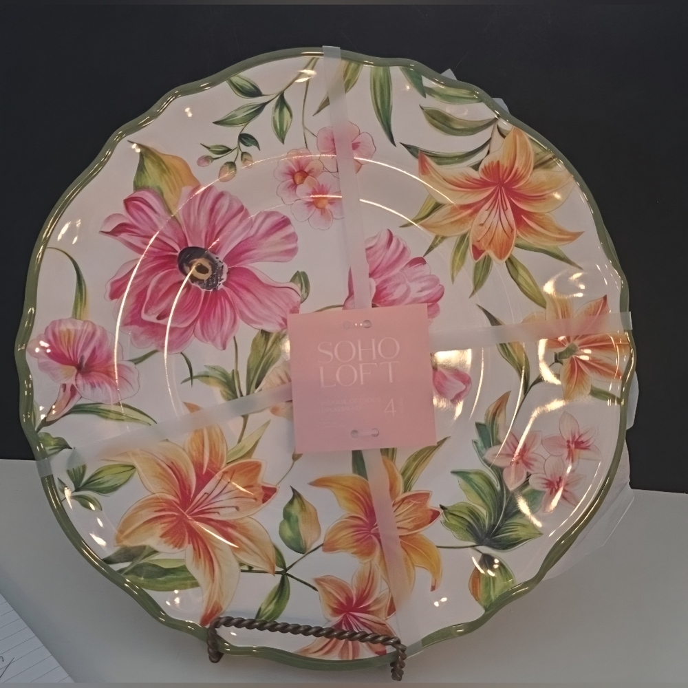 Soho Loft Tropical Floral Motif Melamine Dinber Plates Set of 4 - 11" New